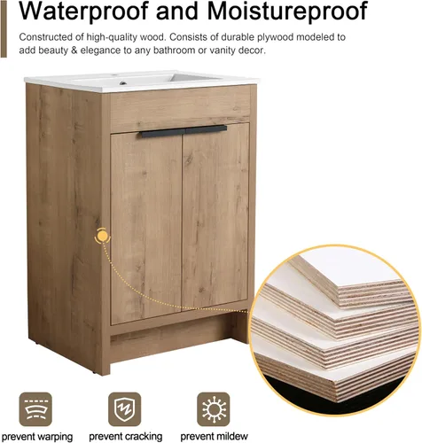 Vista 6 de Malwee Tocador de baño independiente de 24 pulgadas con lavabo, tocador de baño de pie de 24'', tocador moderno con 2 puertas y encimera de lavabo