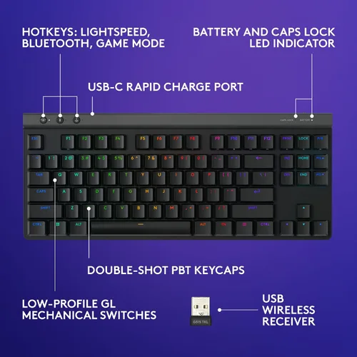 Vista 6 de Logitech G 515 Lightspeed TKL - Teclado inalámbrico para juegos de perfil bajo, LIGHTSYNC RGB, diseño delgado sin teclas, teclas PBT de doble