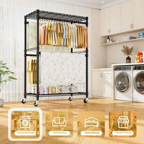 Vista 8 de ULIFHOME P4 Plus Perchero Rodante de Ropa Resistente, Percheros de Ropa para Colgar Ropa, Percheros de Vestir Independientes con Ruedas, Perchero