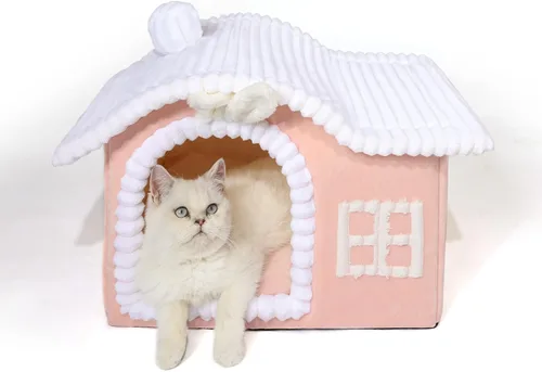 Vista 14 de Jiupety Casas de Gatos con Forma de Oso para Gatos de Interior, Cueva de Cama para Gatos Linda con Chimenea, Suficiente Espacio Interior, Casa Suave