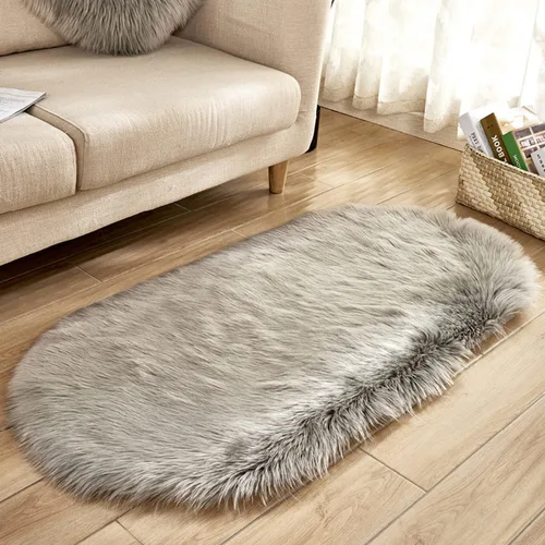 Vista 11 de CHITONE Alfombra ovalada de piel de oveja sintética, grande y larga, manta decorativa de piel sintética para cama, alfombra, tapete para sofá, Beige
