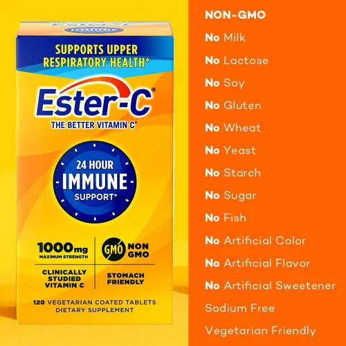 Vista 3 de Ester-C Vitamina C 1000 mg Tabletas Recubiertas, Potenciador del Sistema Inmunológico, Suplemento Amistoso para el Estómago, 120