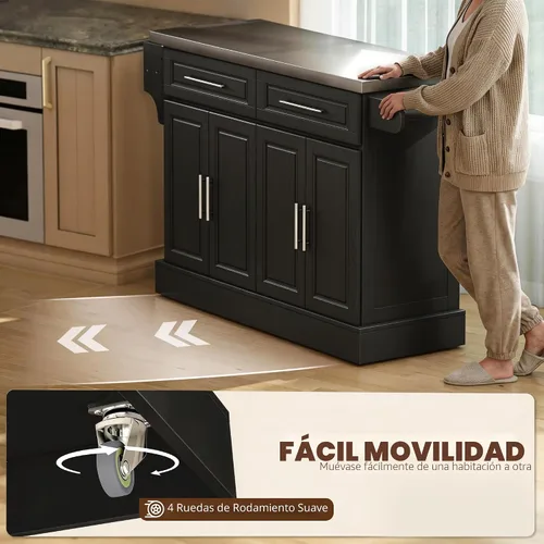 Vista 5 de HomCom Isla para cocina. Gabinete moderno con ruedas, con parte superior de acero inoxidable., Negro Mesa de isla portátil para cocina, ruedas