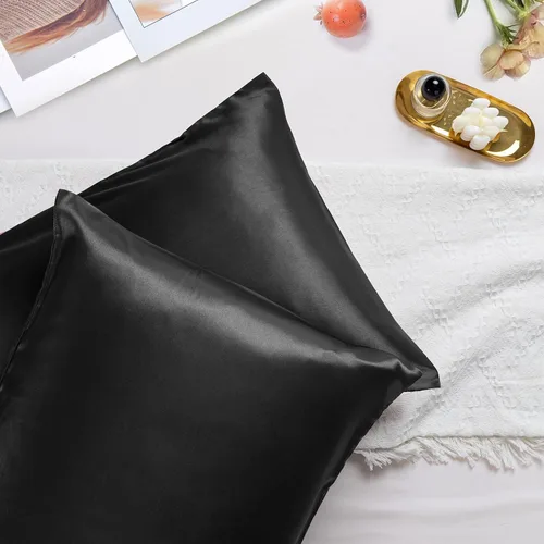 Vista 3 de Vonty 2 fundas de almohada de satén estándar – Fundas de almohada de 20 x 26 pulgadas, fundas de almohada negras para proteger la piel y el cabello