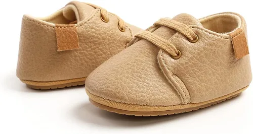 Vista 4 de COSANKIM Zapatos para bebés niños y niñas, zapatos de piel sintética con cordones para bebés, suela de goma antideslizante, mocasines para recién