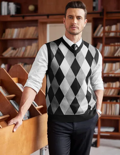 Vista 2 de COOFANDY Suéter sin mangas con cuello en V para hombre, ajustado, informal, con rombos