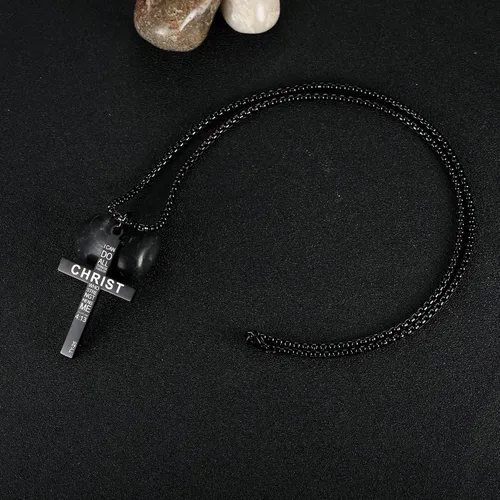 Vista 4 de AIAINAGI Collar de cruz con bandera estadounidense, joyería patriótica de acero inoxidable, grabado religioso filipenses 413, colgante de regalo