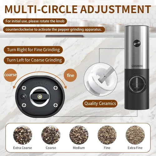 Vista 2 de Molinillo eléctrico de sal o pimienta, funciona con pilas, molinillo automático de sal y pimienta con luz LED, grosor ajustable, incluye cepillo