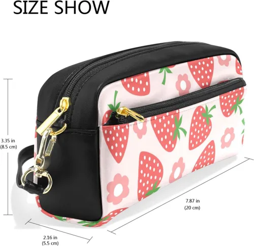 Vista 3 de Estuche portátil de gran capacidad con diseño floral de frutas de fresa, bolsa de maquillaje de piel sintética, organizador de maquillaje con asa