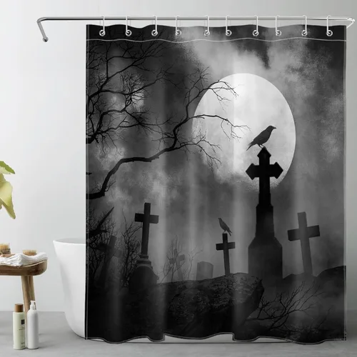 Vista 17 de LB Cortina de ducha de feliz Halloween para baño, flamenco rosa y calabaza naranja con sombrero mágico, cortina de ducha de tela con ganchos, juego