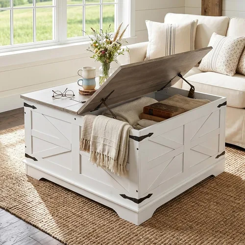 Vista 8 de senlin Mesa de café de casa de campo, mesa de café resistente con almacenamiento, mesa central cuadrada de madera con compartimento