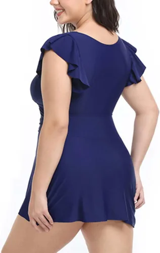 Vista 3 de Traje de baño de mujer con estampado retro con panel dividido, ángulo plano, grande, traje de baño tipo tankini con cuello redondo