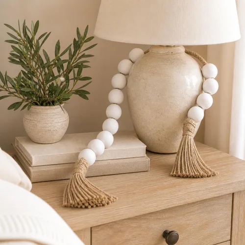 Vista 222 de OMISHE Guirnalda de cuentas de madera extra grande con cuentas de madera y borlas de 1.6 pulgadas de diámetro, cuentas decorativas rústicas de 41