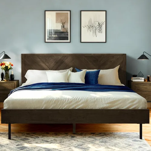 Vista 13 de Acacia Alander - Marco de cama de madera maciza con cabecera de cheurón Caramelo.