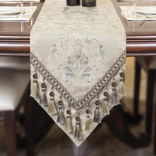 Vista 10 de Loom and Mill - Camino de mesa de damasco elegante y lujoso, 72 pulgadas de largo, color beige Jacquard Table Runners with Handmade Multi-Tassels