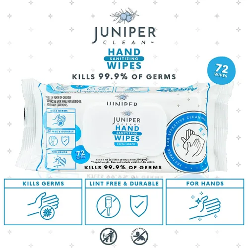 Vista 3 de Juniper CLEAN, 1 paquete de toallitas desinfectantes de manos, 72 toallitas desinfectantes de manos desechables, aroma fresco, sin pelusa y duraderas
