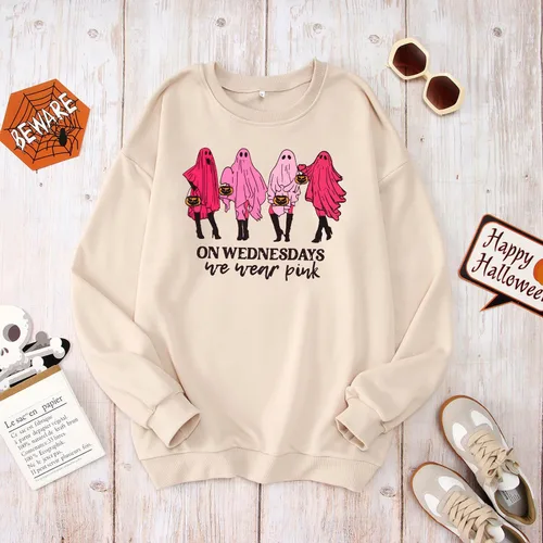 Vista 4 de Ritatte Sudadera de Halloween para mujer los miércoles We Wear Pink Ghost Sweatshirt Spooky Season Casual Fall Pullover Tops