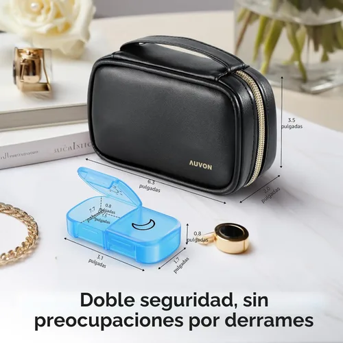 Vista 2 de AUVON Organizador semanal de pastillas 2 veces al día con bolsa de piel sintética, pastillero de viaje AM PM 7 días con diseño de apertura grande
