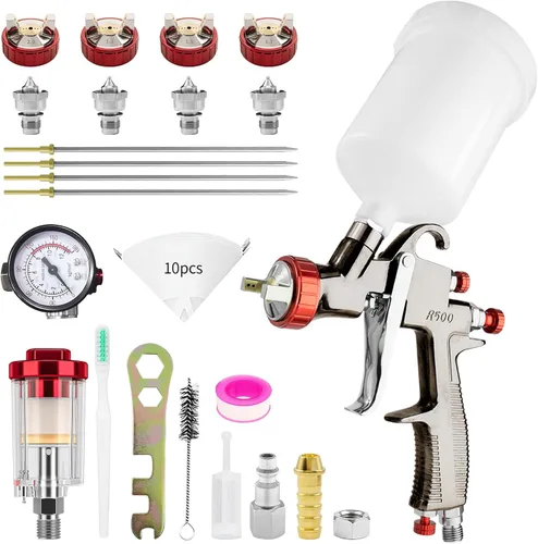 Vista 10 de R500 - Pistola de pulverización LVLP con taza mezcladora de 22.0 fl oz y 10 vasos desechables, boquillas de 1.3/1.5/0.067 in, pistola de pintura