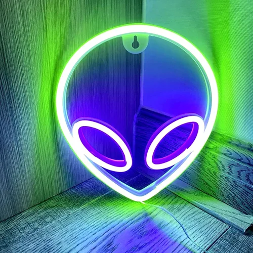 Vista 3 de Letrero de neón con cabeza de alienígena, 1 unidad, luz de neón de alienígena verde y morado, USB o 3 pilas AA, divertido letrero de neón iluminado