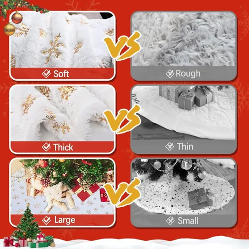 Vista 3 de Faldas de árbol de Navidad de 60 pulgadas, falda de árbol de Navidad de piel sintética blanca con copos de nieve de lentejuelas doradas, faldas