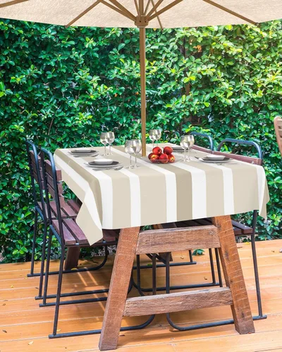 Vista 4 de Mantel rectangular para exteriores con agujero para sombrilla y cremallera, a rayas blancas y beige, 52 x 70 pulgadas, impermeable, para exteriores