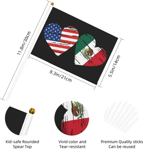 Vista 5 de Bandera de México de Estados Unidos, bandera de mano con corazón, tamaño único, tamaño pequeño, mini banderas en palo, decoraciones de fiesta