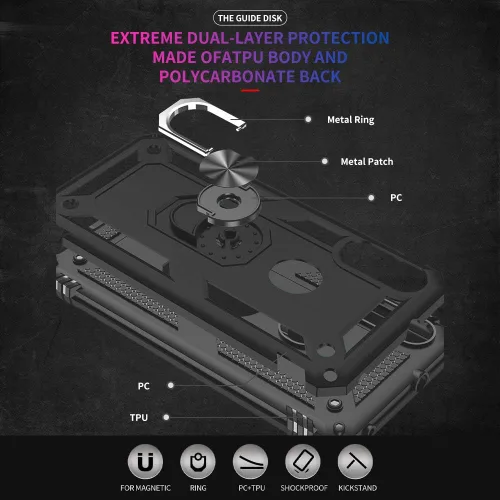 Vista 3 de Funda para Moto E Phone Case, Moto E con protector de pantalla HD, fundas protectoras de grado militar con anillo para Moto E 2020 (negro)
