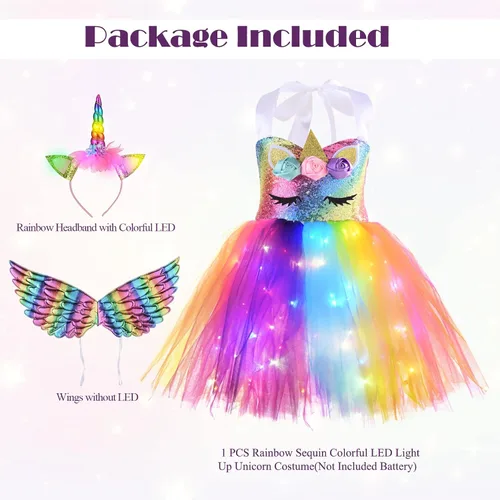 Vista 3 de NSSONBEN Girls Sequin Unicorn Custome LED Light Up Onesie Tutu Dress Birthday Gifts Halloween Costume with Headband and Wings