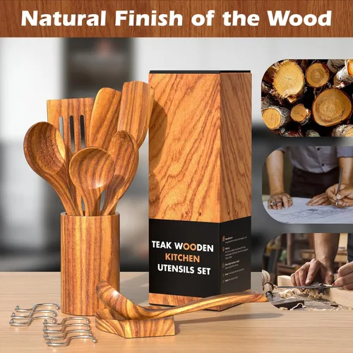 Vista 8 de Juego de utensilios de cocina de teca natural con soporte, cucharas de madera para cocinar, juego de 10 espátulas de cocina con soporte