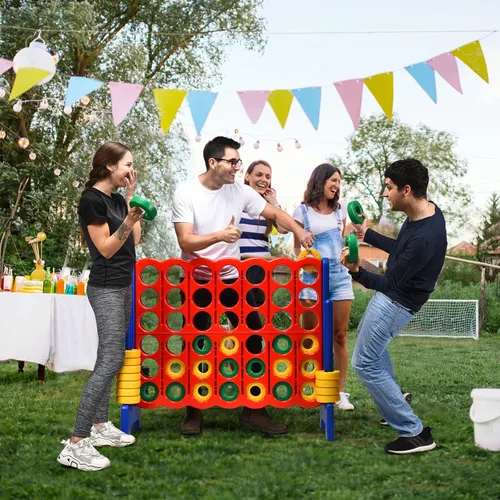Vista 8 de HONEY JOY Juego gigante gigante de 4 a punta, juegos gigantes para patio al aire libre para la familia, 42 anillos jumbo y deslizador de liberación