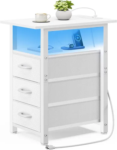 Vista 14 de Vagusicc Mesita de noche negra con estación de carga y luces LED, mesa auxiliar estrecha, mesita de noche LED con 3 cajones de tela para dormitorio
