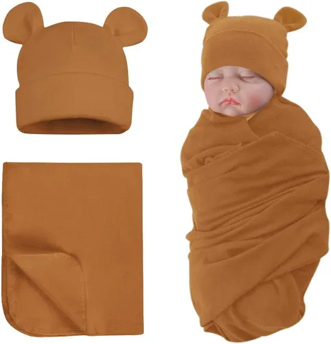 Vista 9 de PESAAT Conjunto de gorro de algodón para bebé, sombreros para recién nacidos, mantas de recepción para bebés niños y niñas Verde militar