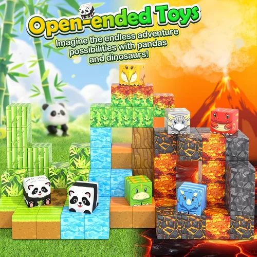 Vista 2 de Bloques Magnéticos - Construye Mundo Magnético de Mina Juguetes de Panda Dinosaurio para Niños Juegos, Juegos Sensoriales Educativos STEM para Niños