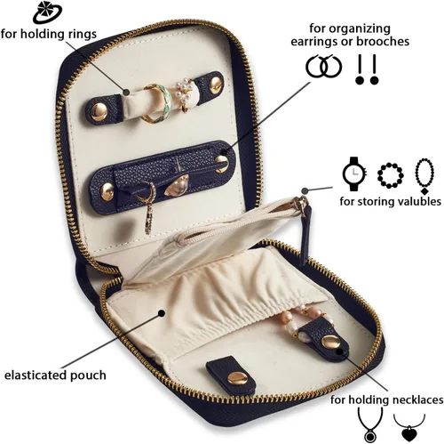Vista 3 de FEMIECHO Estuche organizador de joyas de viaje, para collares, aretes, anillos, pulseras, artículos esenciales de viaje, bolsas de viaje portátiles