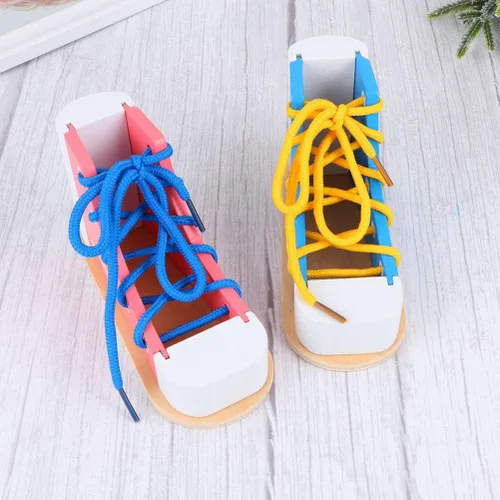 Vista 4 de NUOBESTY Aprende a atar zapatos zapatos de madera con cordones de juguete para atar los zapatos, kit de enseñanza para niños, azul