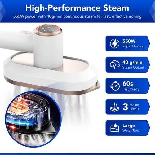 Vista 6 de Gearwiz Plancha de estación de vapor 2 en 1, vapor turboalimentado de 1550 W para ropa, calentamiento de 30 segundos, vapor de 3 niveles y planchado