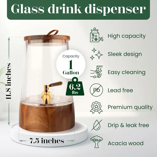 Vista 6 de FOODLE Dispensador de bebidas de vidrio con espita - Dispensador de bebidas de vidrio con soporte - Perfecto para fiestas y uso diario - Jarra