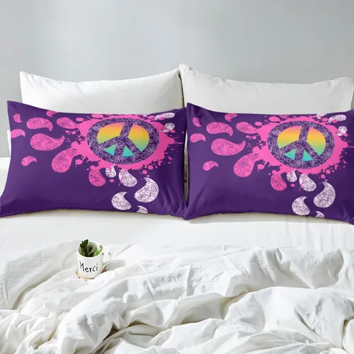 Vista 8 de Erosebridal - Juego de sábanas hippie para niños, tamaño doble, diseño de signo de la paz púrpura, sábana bajera bohemia, exótica para niños