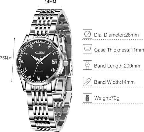 Vista 6 de RORIOS Reloj automático para mujer, reloj mecánico automático con correa de acero inoxidable, calendario, reloj de pulsera luminoso para mujer