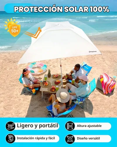 Vista 4 de KingCamp Sombrilla de playa con paneles laterales, toldo de playa 2 en 1, refugio solar UPF 50+, resistente al viento, pantalla de playa portátil