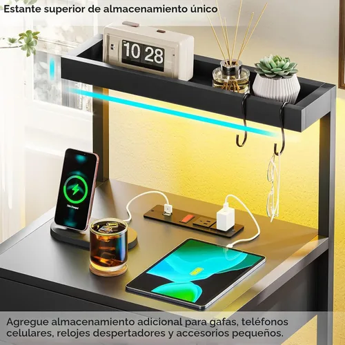 Vista 5 de Mesita de noche con estación de carga y luces LED, mesita de noche LED con 2 puertos USB y 2 salidas de CA, mesa auxiliar moderna con 3 cajones Negro