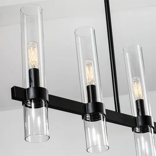 Vista 6 de Untrammelife Lámpara de Isla Lineal Moderna, Candelabro Grande Negro de 6 Luces de 36" de Ancho, Lámpara Colgante Rectangular con Pantalla de Vidrio