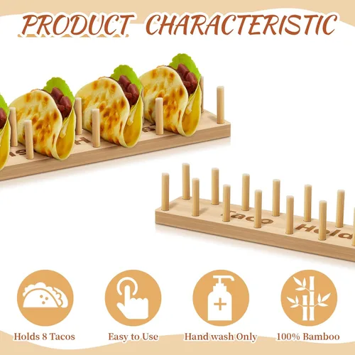 Vista 3 de Pinkunn 4 bandejas de bambú para tacos, 8 bandejas de tacos suaves o rígidos, soporte de madera para servir alimentos para tortillas, burritos