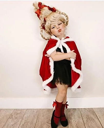 Vista 2 de Capa roja de Navidad con capucha de terciopelo para niña diseño de Papá Noel