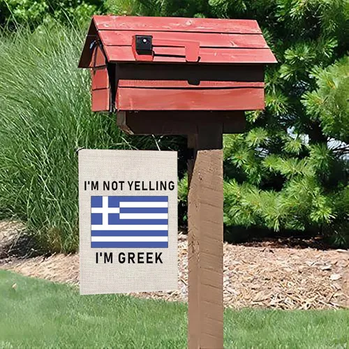 Vista 5 de Bandera de jardín familiar griega con texto en inglés "I'm Not Yelling I'm Greek", bandera para exteriores, bandera de raíz de Grecia, regalo