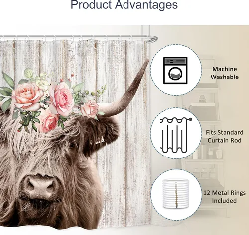 Vista 3 de Highland Cow Farmhouse - Cortina de ducha rústica con diseño de toro, 60 pulgadas de ancho x 72 pulgadas de largo Country Western - Juego