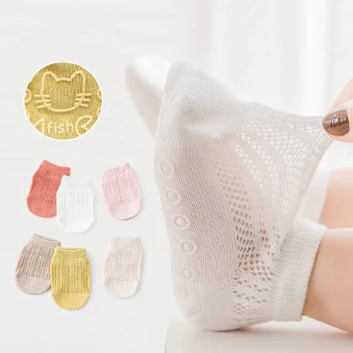 Vista 7 de Calcetines de agarre para bebé, antideslizantes, de malla fina, con ojales, unisex, para niñas y niños, calcetines tobilleros