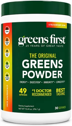 Vista 16 de Greens First Original Greens en polvo, menta, 30 porciones 49 superalimentos, frutas y verduras orgánicas, prebióticos, probióticos y enzimas