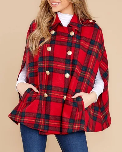 Vista 3 de MISUMALLS Poncho a cuadros para mujer, cuello abatible, doble botonadura con botones y bolsillos
